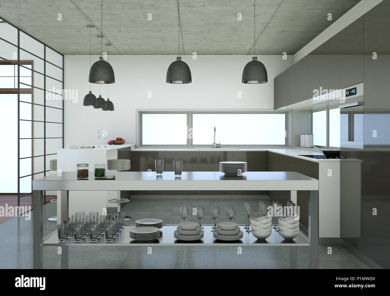 Grey modern kitchen in a loft with beautiful design Stock Photo - Alamy