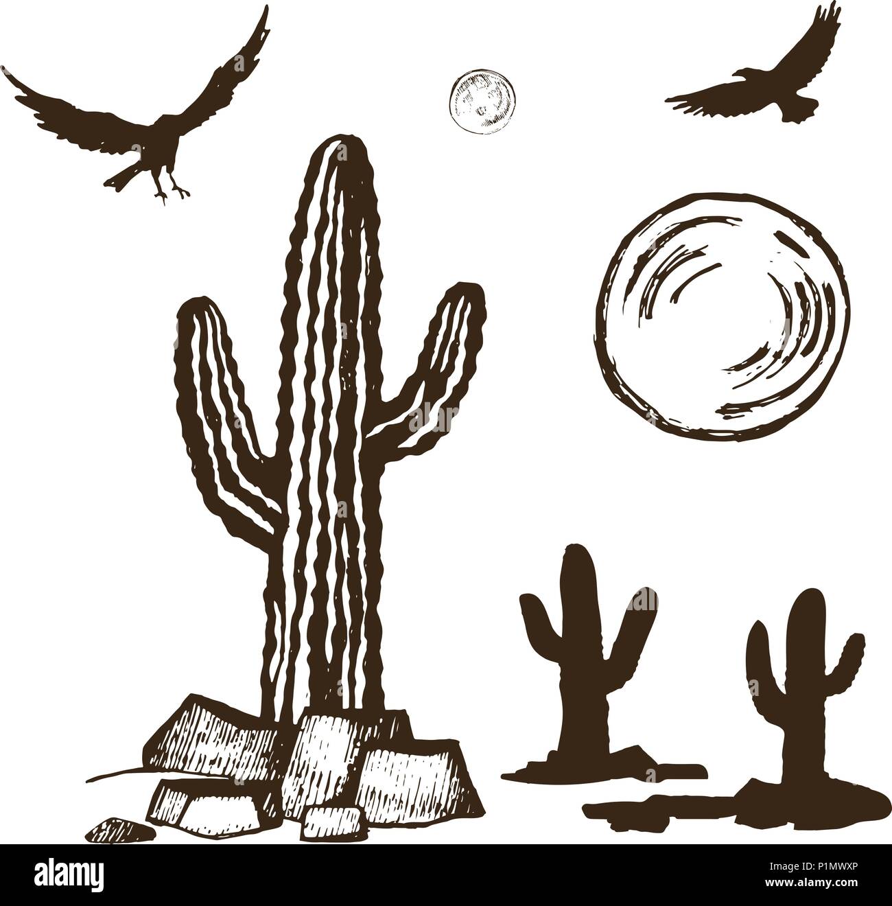 Cacti and silhouettes ravens set Stock Vector