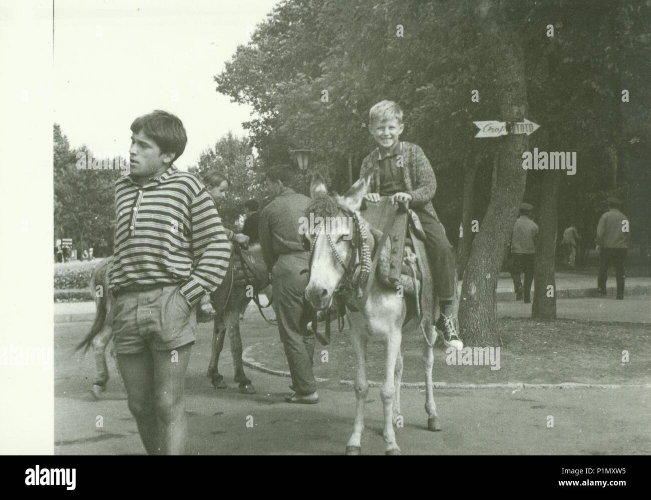 USSR - CIRCA 1970s: Retro photo shows boy rides on donkey in the park ...