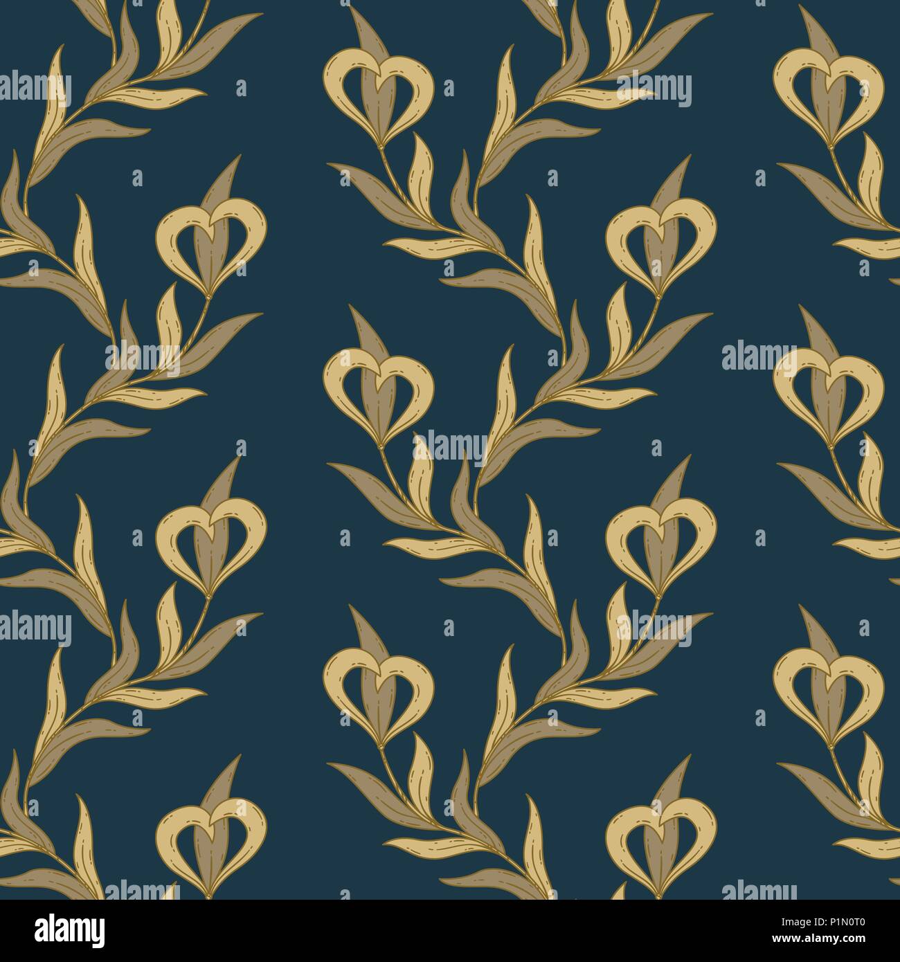Seamless floral golden and blue pattern. Vector pattern. Stock Vector