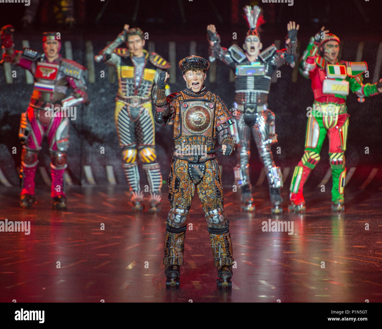 10 June 2018, Germany, Bochum: Blake Patrick Anderson (c) as Rusty the  Steam Engine in the musical Starlight Express. The musical has been  performed in Bochum continuously since 1988. A new version