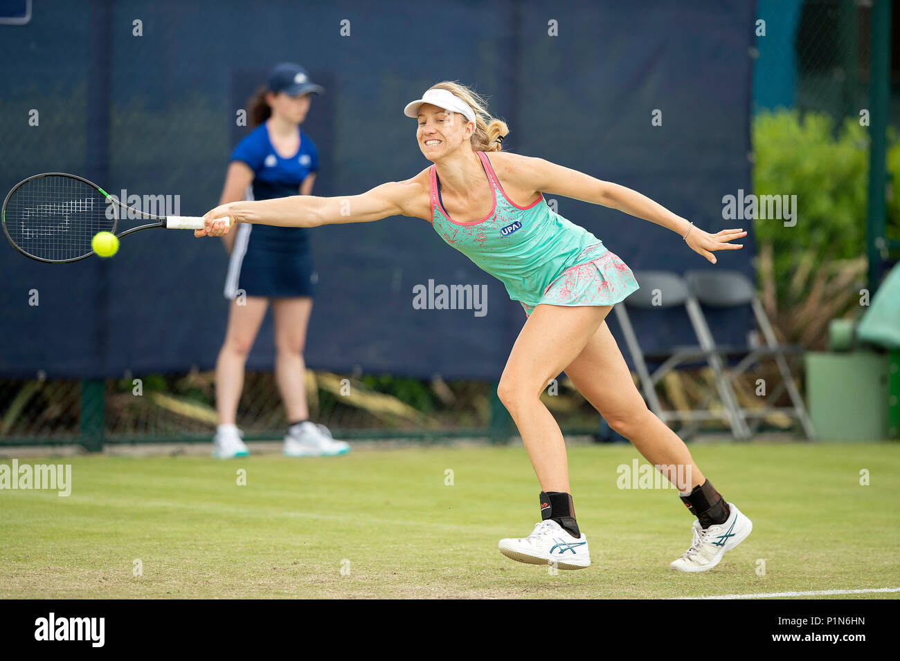 Nottingham Tennis Centre, Nottingham, UK. 12th June, 2018. The Nature Valley Open Tennis Tournament; Monica Barthel (GER) reaches for a forehand in her match against Katie Swan (GBR) Credit: Action Plus Sports/Alamy Live News Stock Photo