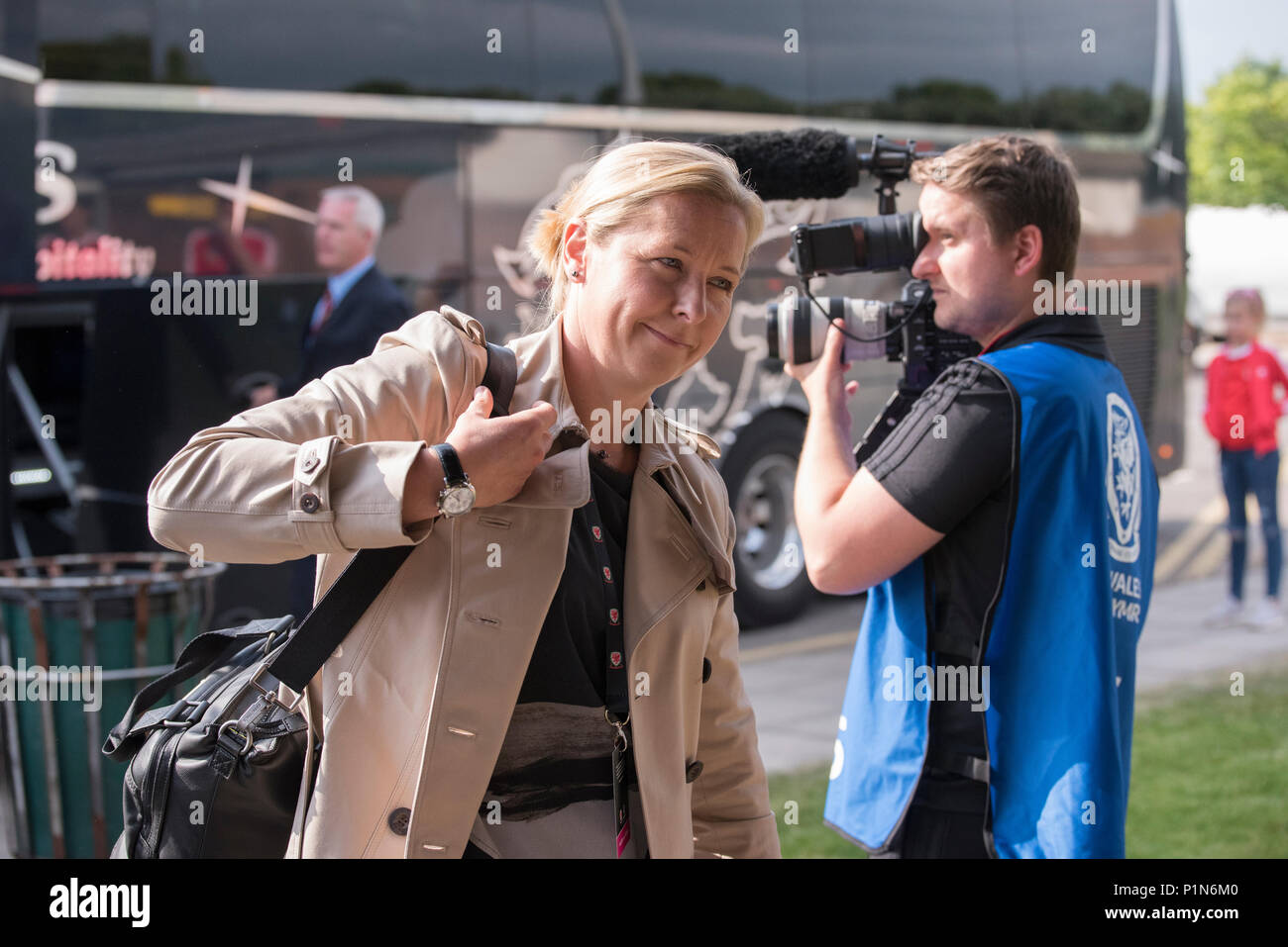 Newport, Wales. 12th June 2018. Newport, Wales. 12th Jun, 2018. Wales v Russia, World Cup Qualifier 2019, Newport Stadium, Newport, Wales, 12/6/18: The Wales football team arrive ahead of their crucial match against Russia Credit: Andrew Dowling/Influential Photography/Alamy Live News Credit: Andrew Dowling/Influential Photography/Alamy Live News Stock Photo