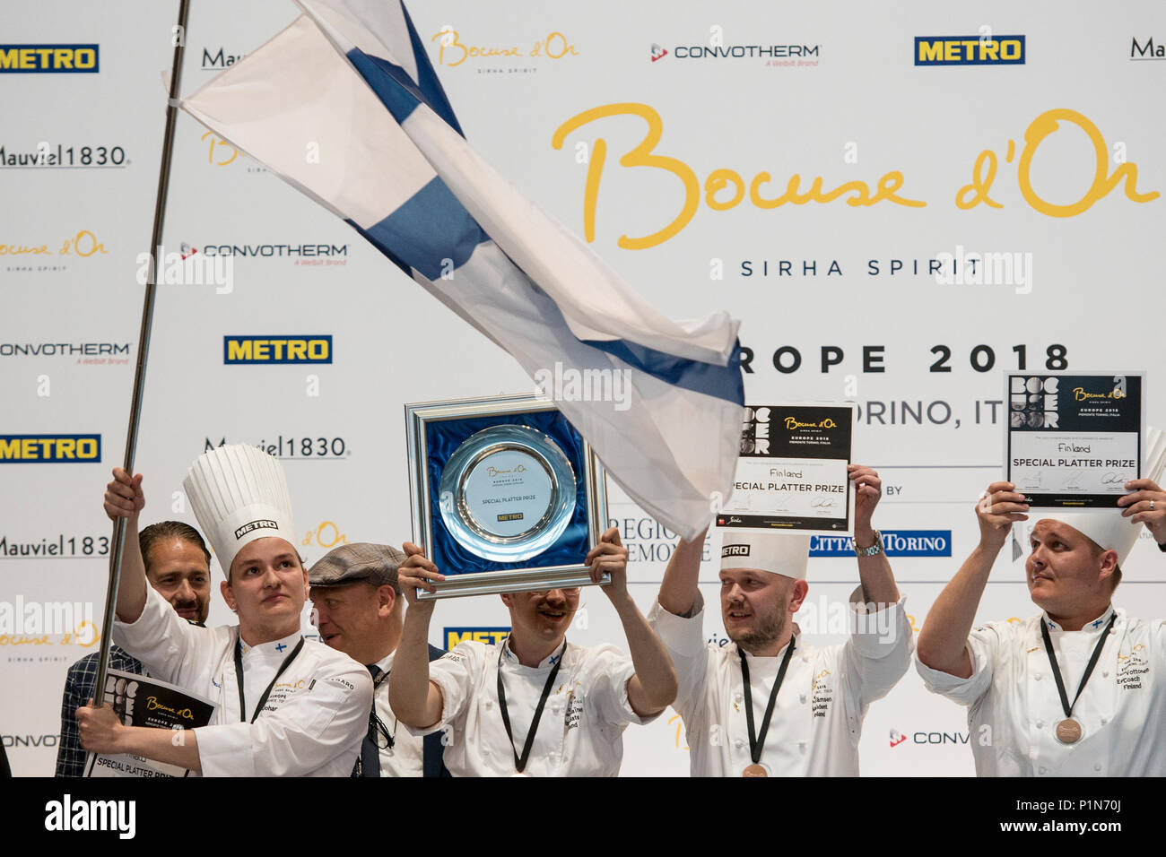 Turin, Piedmont, Italy. 12th June, 2018. Turin, Italy-June 12, 2018: Ismo Sipelainer during the Award ceremony for the Bocuse d'Or competition, the world's most famous international cooking competition in Turin. 20 international chefs face off to win a place in the January world final in Lyon during the Award ceremony for the Bocuse d'Or competition, the world's most famous international cooking competition in Turin. 20 international chefs face off to win a place in the January world final in Lyon Credit: Stefano Guidi/ZUMA Wire/Alamy Live News Stock Photo