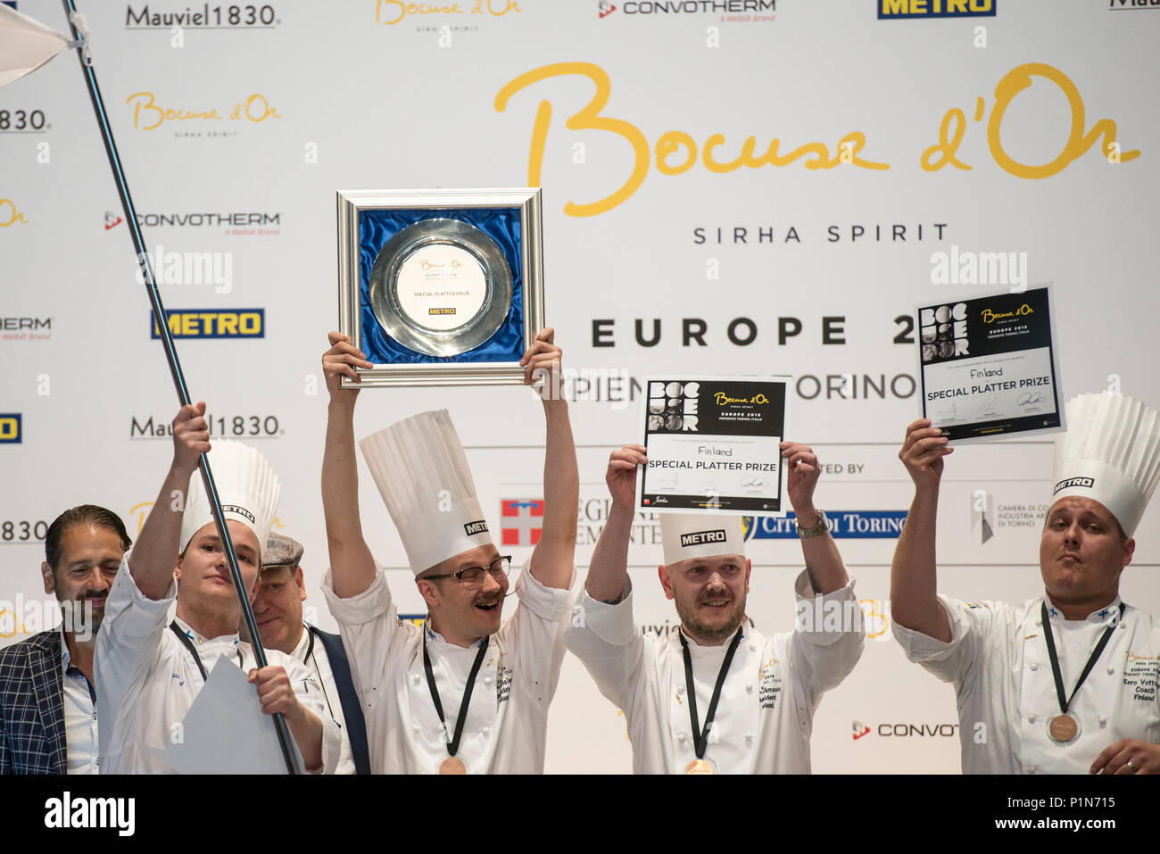 Turin, Piedmont, Italy. 12th June, 2018. Turin, Italy-June 12, 2018: Ismo Sipelainer during the Award ceremony for the Bocuse d'Or competition, the world's most famous international cooking competition in Turin. 20 international chefs face off to win a place in the January world final in Lyon during the Award ceremony for the Bocuse d'Or competition, the world's most famous international cooking competition in Turin. 20 international chefs face off to win a place in the January world final in Lyon Credit: Stefano Guidi/ZUMA Wire/Alamy Live News Stock Photo