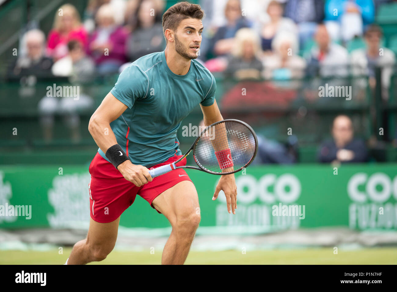 Nottingham Tennis Centre, Nottingham, UK. 12th June, 2018. The Nature  Valley Open Tennis Tournament; Tobias Simon (GER) runs to pick up a drop  shot from opponent James Ward (GBR) Credit: Action Plus