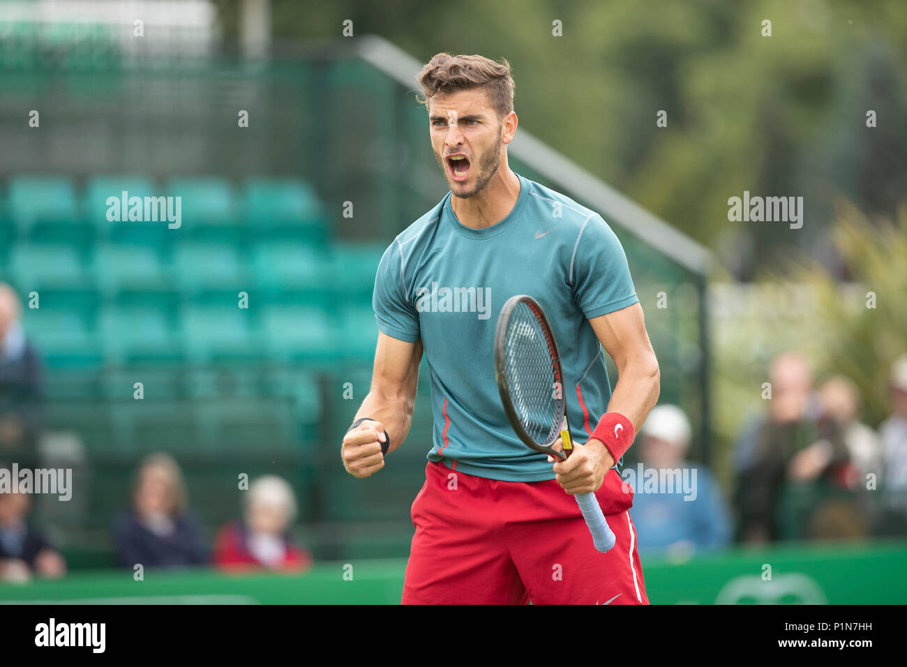 Nottingham Tennis Centre, Nottingham, UK. 12th June, 2018. The Nature  Valley Open Tennis Tournament; Delight from Tobias Simon (GER) as he levels  the match with James Ward (GBR) at one set all