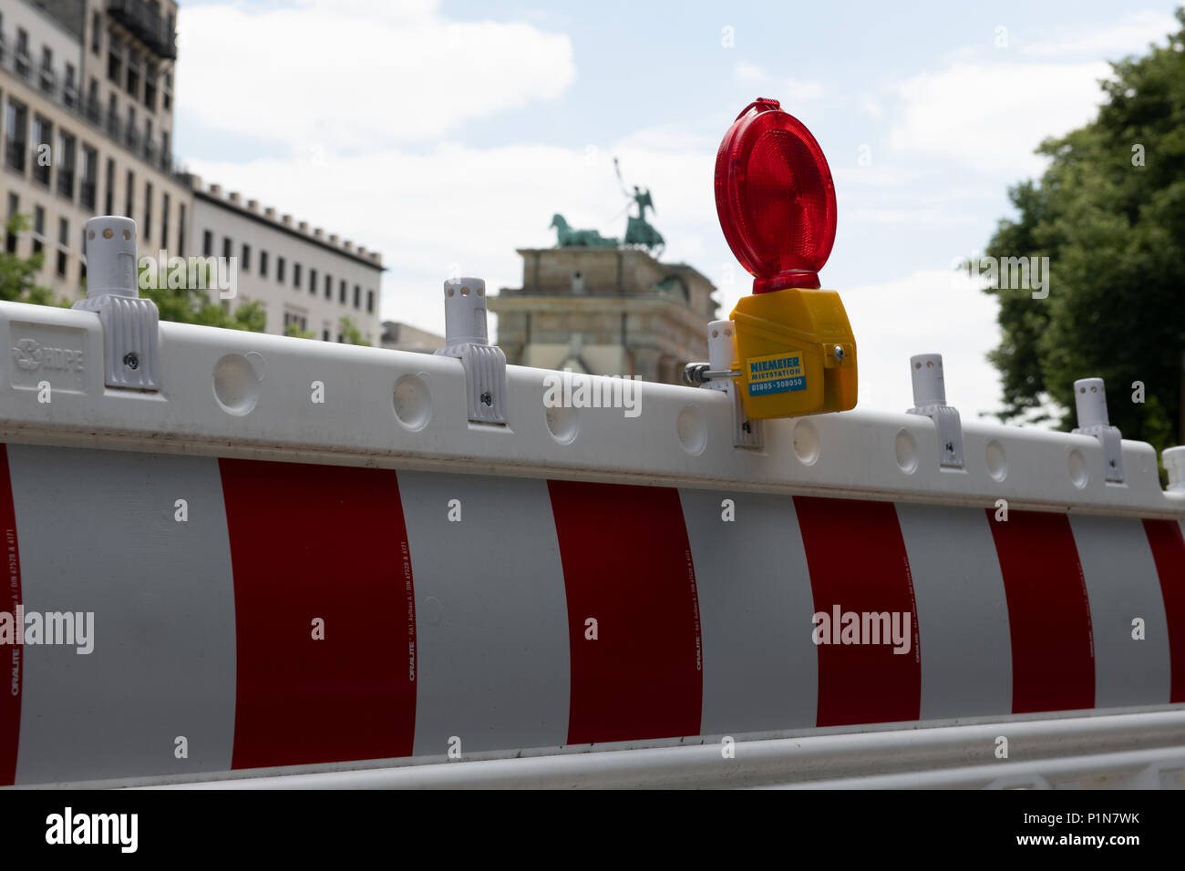 12 June 2018, Germany, Berlin: A barrier near the Brandenburg Gate, where the 'Fanmeile' public viewing area for the World Cup will be set up from Thursday, when the area will be closed to traffic. Photo: Paul Zinken/dpa/ZB Stock Photo