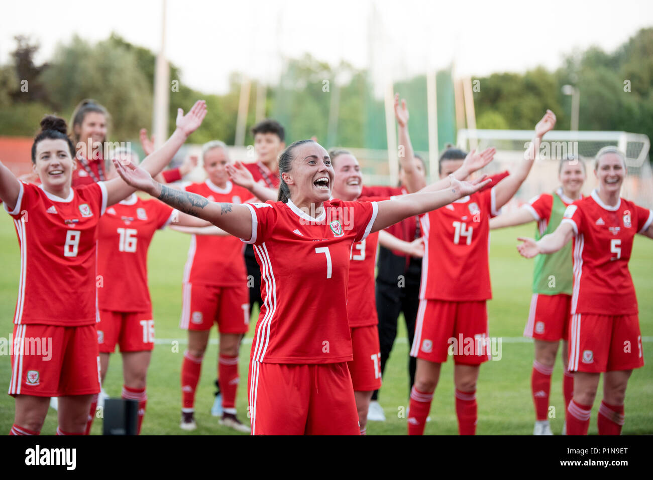 Newport, Wales. 12th June 2018. Wales v Russia, World Cup Qualifier 2019, Newport Stadium, Newport, Wales, 12/6/18: Wales players celebrate beating Russia 3-0 Credit: Andrew Dowling/Influential Photography/Alamy Live News Stock Photo