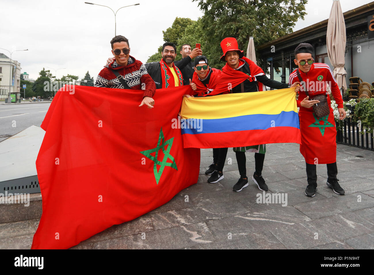 MOSCOU, MO - 12.06.2018: GENERAL PICTURES MOSCOW 2018 - Moroccan and Colombian fans fraternize this Tuesday (12) in Moscow. (Photo: Ricardo Moreira/Fotoarena) Stock Photo
