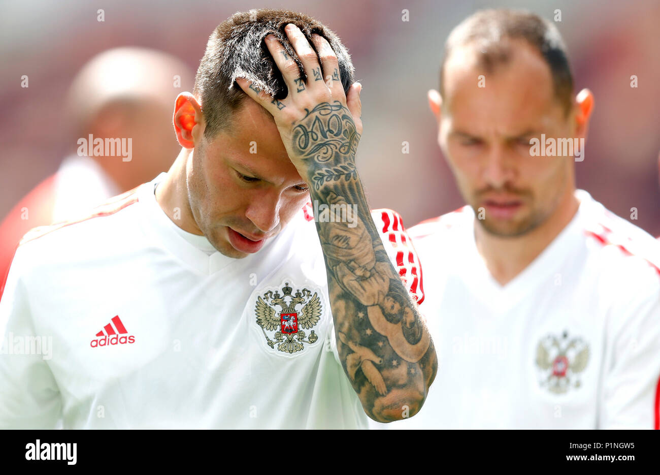 Moscow, Russia. 13th June 2018.  Fyodor Smolov of Russia during the official training before the opening match of the 2018 FIFA World Cup between Russia and Saudi Arabia, held at the Lujniki Stadium in Moscow, Russia. (Photo: Rodolfo Buhrer/La Imagem/Fotoarena) Credit: Foto Arena LTDA/Alamy Live News Stock Photo