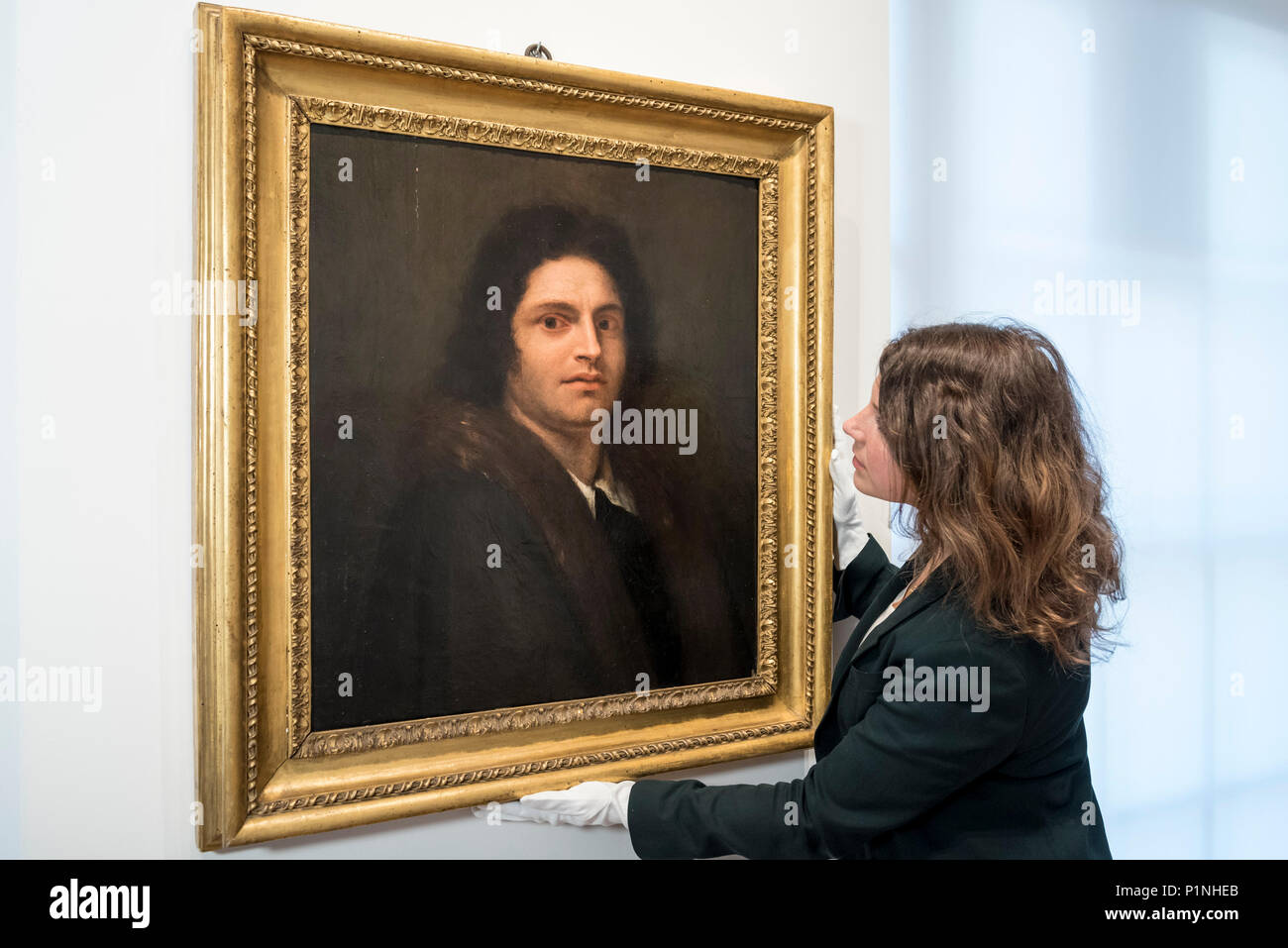 London, UK.  13 June 2018.  Amelia Higgins of London Art Week presents 'Self-Portrait of Giorgione', 1792, by Antonio Canova,  (est. £1m).  More known as the sculptor of V&A's 'The Three Graces', Canova's rediscovered painting, was made to fool fellow Roman artists into believing that it was an original self-portrait by Giorgione.  It is on public view for the first time since being painted at M&L Fine Art gallery, Old Bond Street, during London Art Week, with 40 galleries St James's and Mayfair taking part, 28 June to 6 July 2018.  Credit: Stephen Chung / Alamy Live News Stock Photo