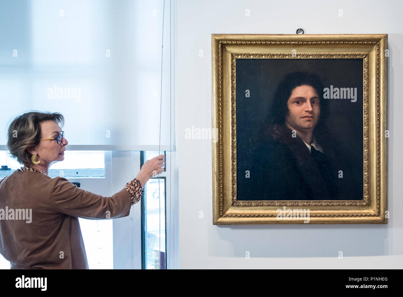London, UK.  13 June 2018.  Francesca Antonacci of Antonacci Lapiccirella Fine Art presents 'Self-Portrait of Giorgione', 1792, by Antonio Canova,  (est. £1m).  More known as the sculptor of V&A's 'The Three Graces', Canova's rediscovered painting, was made to fool fellow Roman artists into believing that it was an original self-portrait by Giorgione.  It is on public view for the first time since being painted at M&L Fine Art gallery, Old Bond Street, during London Art Week, with 40 galleries St James's and Mayfair taking part, 28 June to 6 July 2018.  Credit: Stephen Chung / Alamy Live News Stock Photo