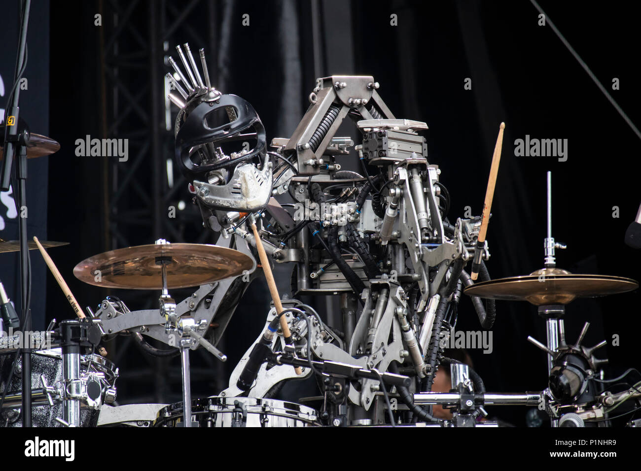 Hannover, Germany. 12th June, 2018. Robot band Compressorhead (here robot  Stickboy, drums) - based in Berlin and playing on real musical instruments  - is performing live at CEBIT 2018, international computer expo