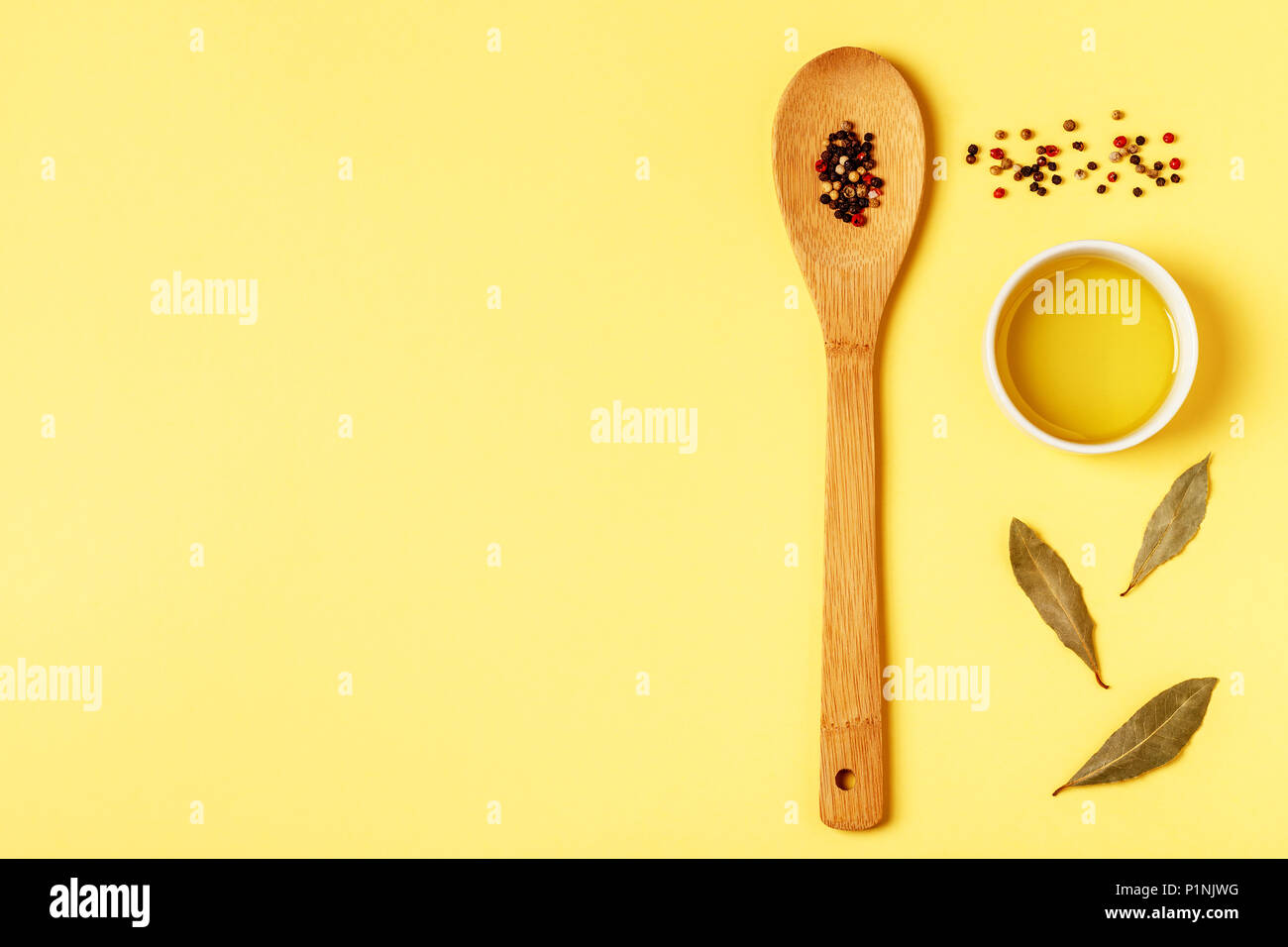 Flat lay pastel tone background. Ingredients for cooking on a yellow ...