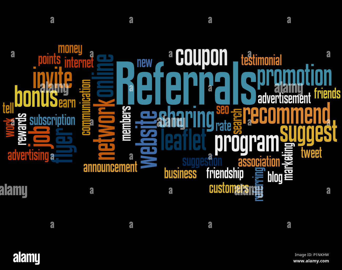Referrals, word cloud concept on black background Stock Photo - Alamy