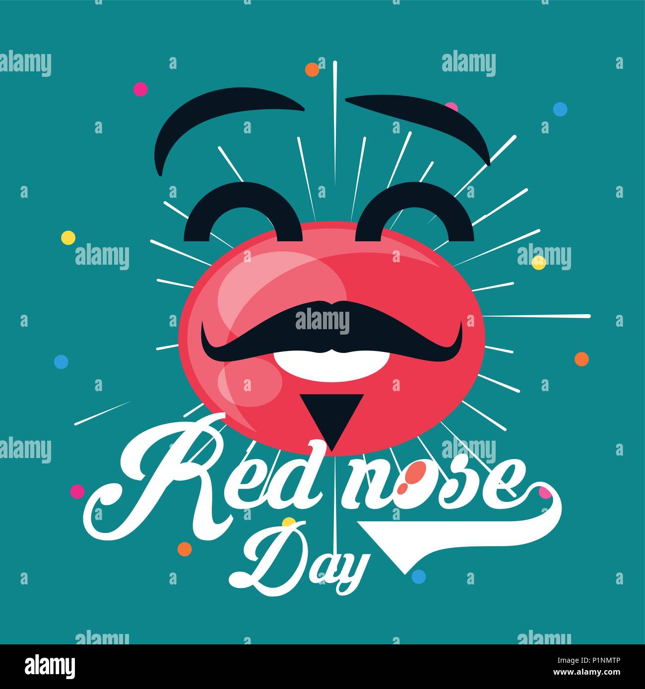 Red nose day design with cartoon red nose with mustache over blue