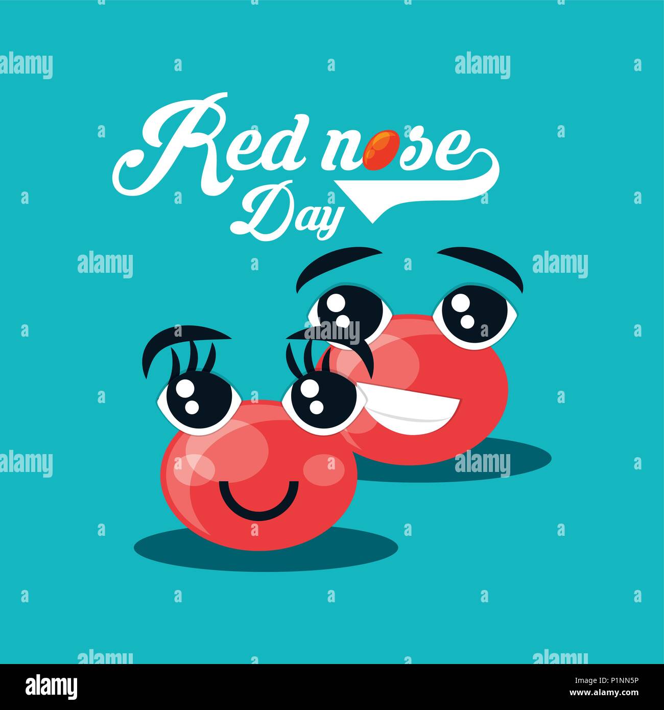 Red nose day design with cartoon red noses over blue background, vector
