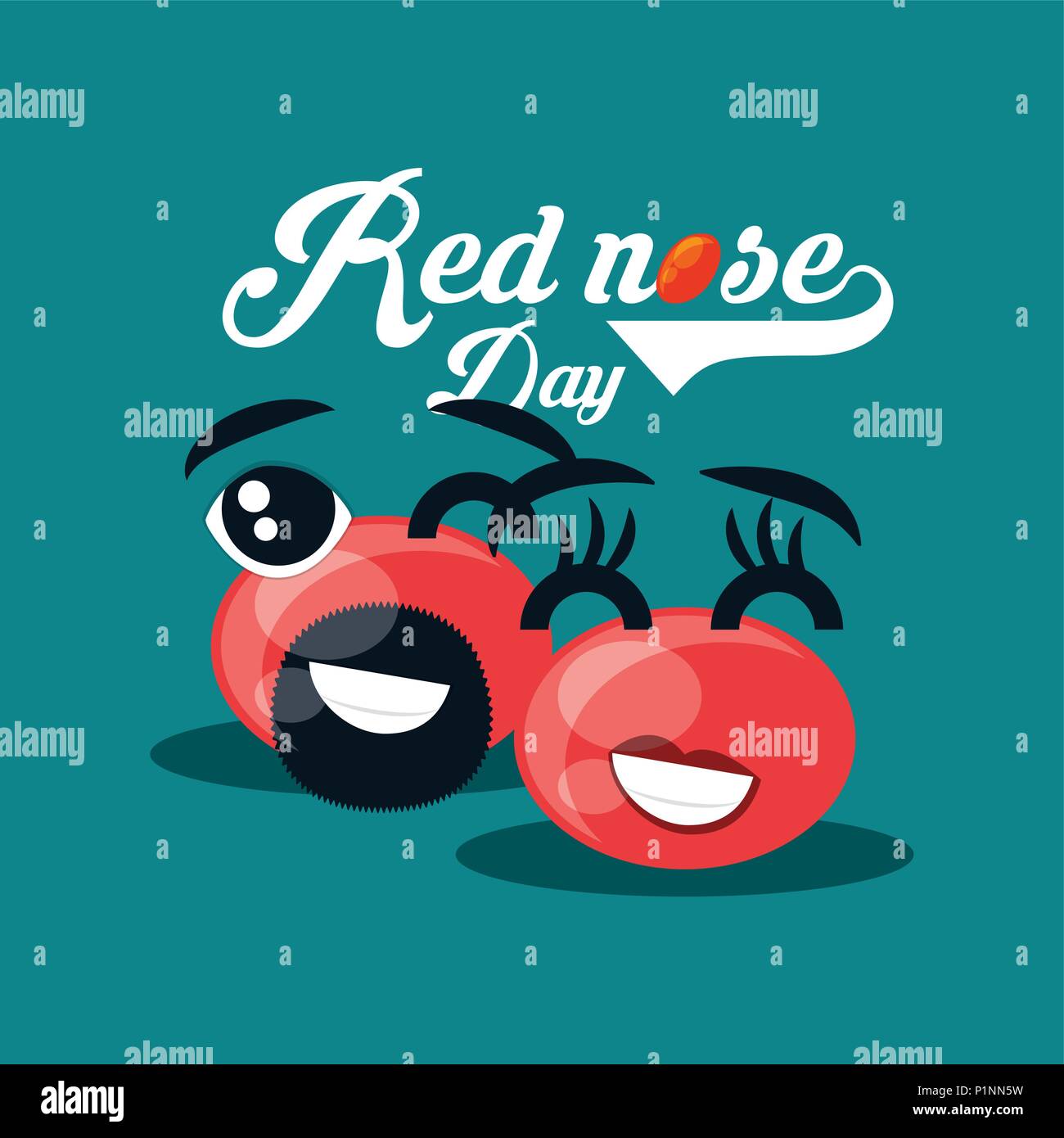 Red nose day design with cartoon red noses with beard and eyebrows over