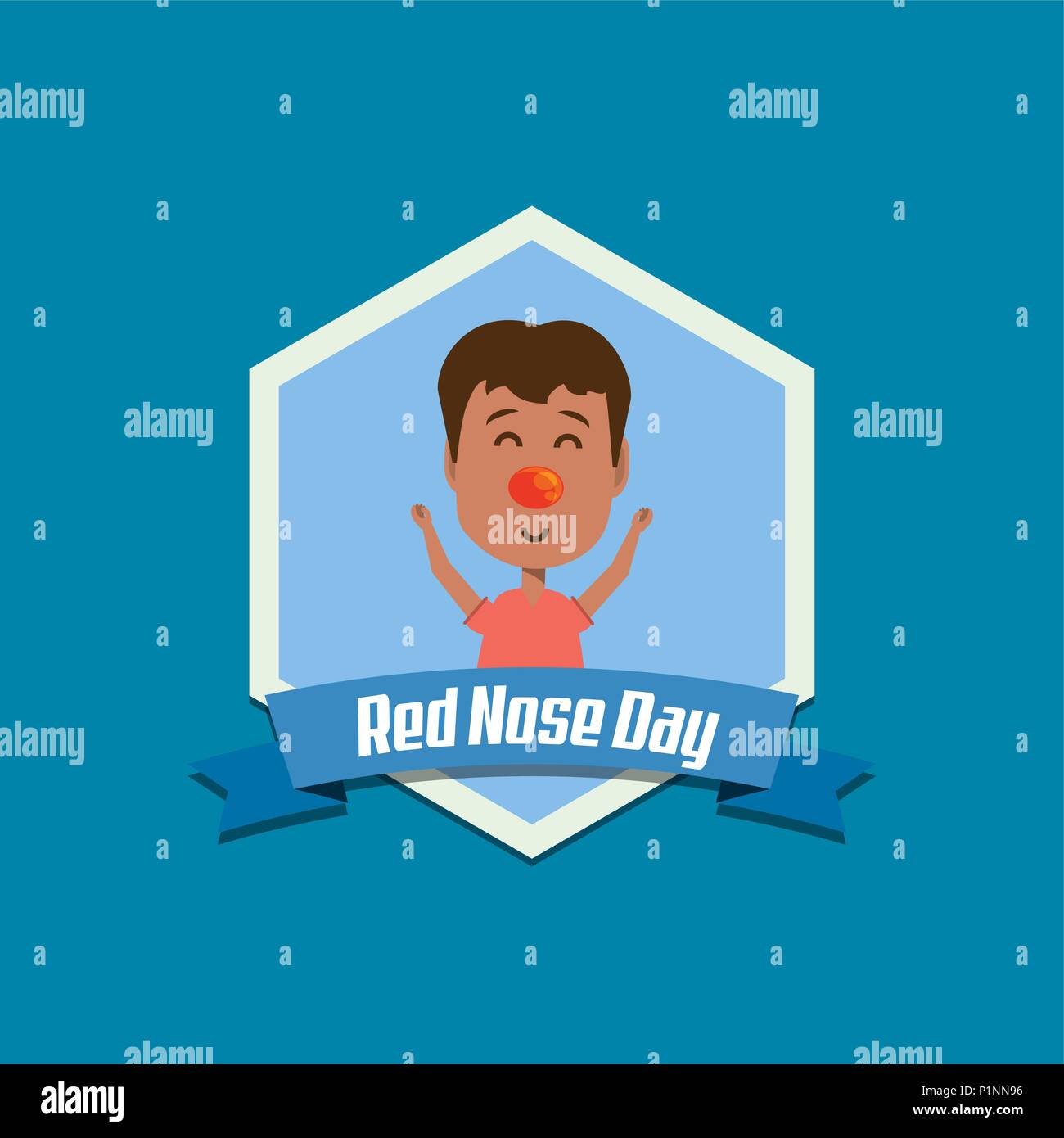 Red nose day emblem with cartoon boy with red nose over blue background ...
