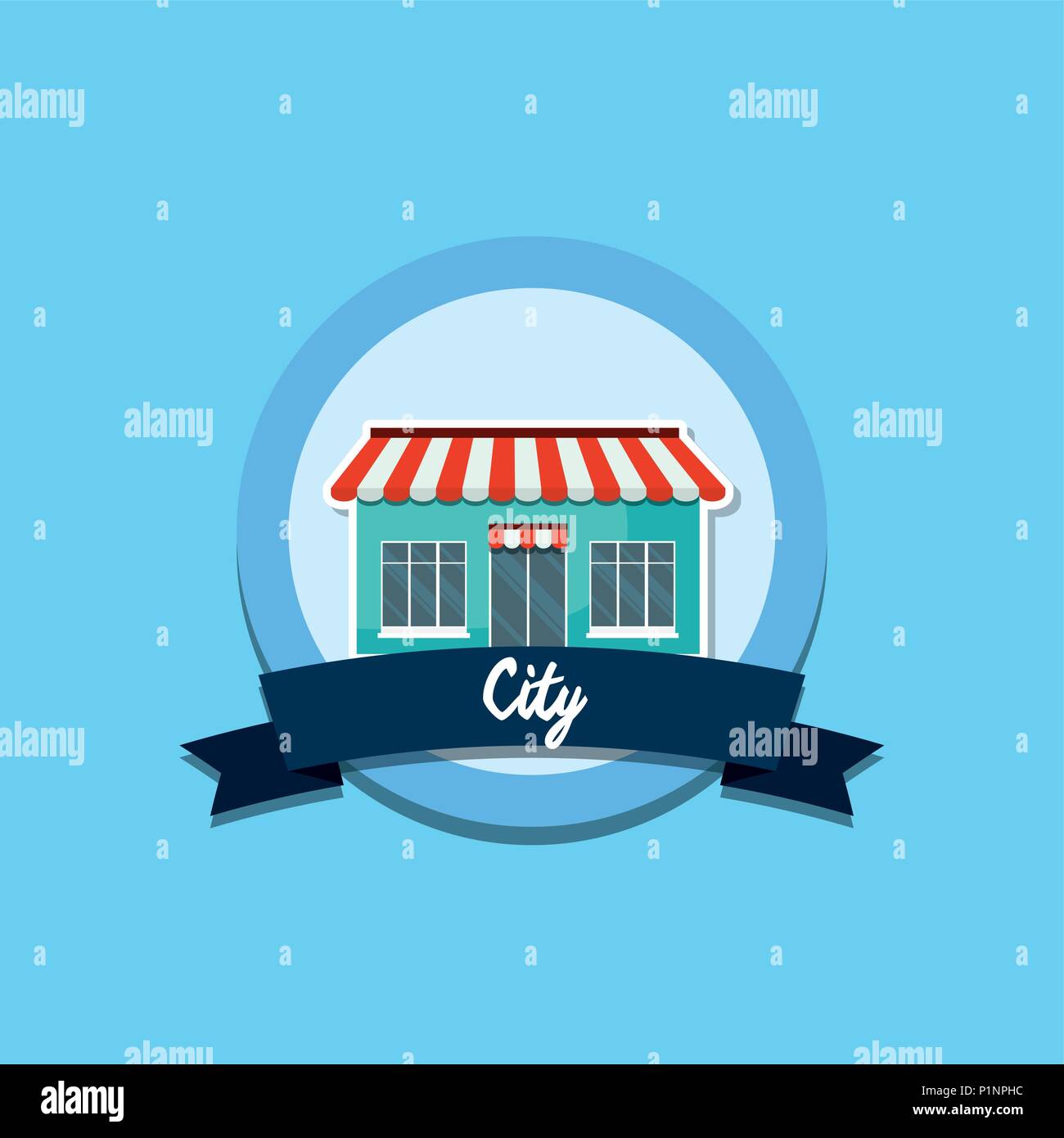 emblem with decorative ribbon and store icon over blue background ...