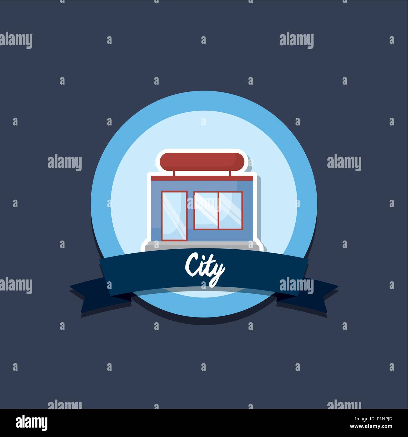 emblem with decorative ribbon and store icon over blue background ...