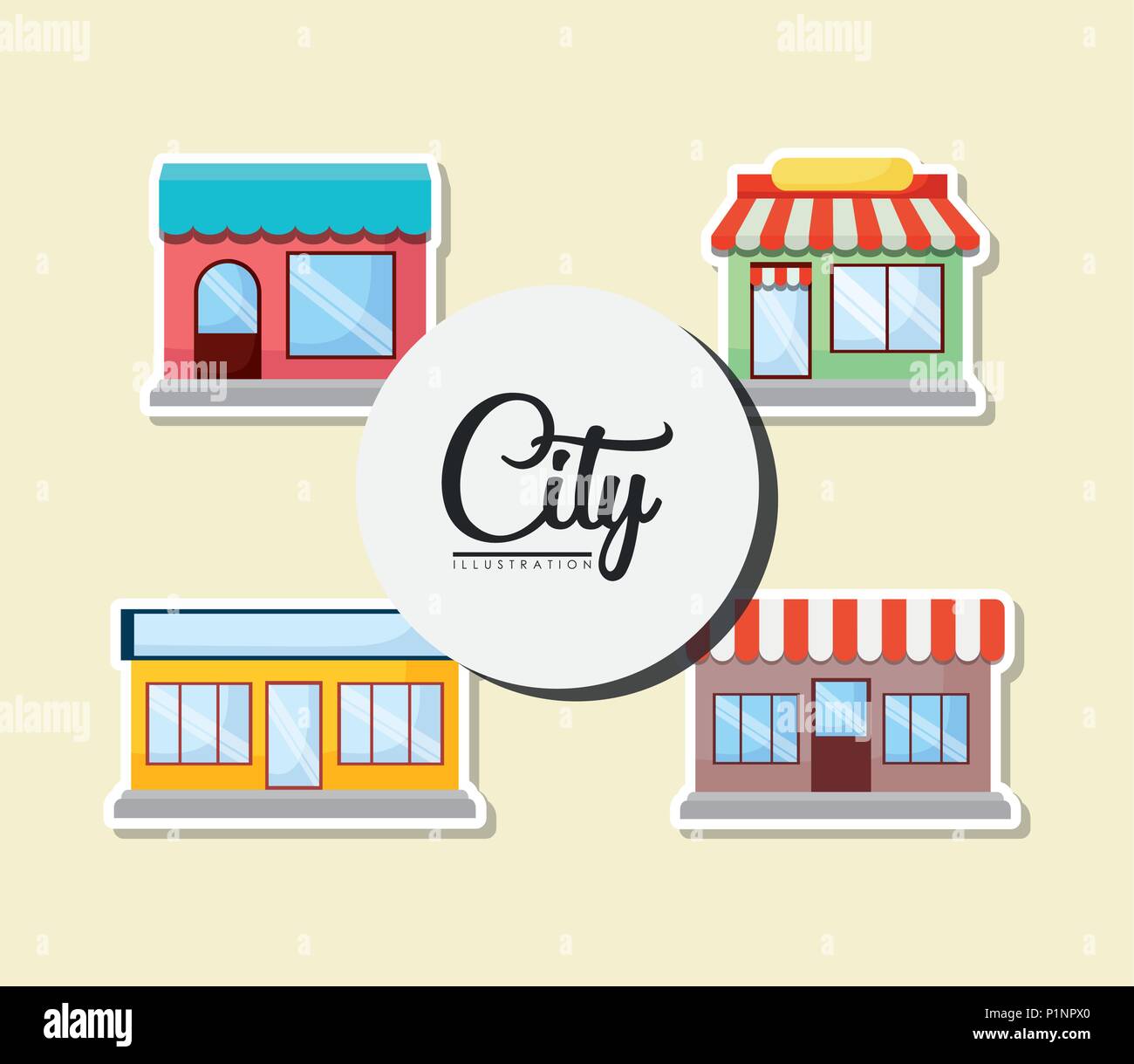 icon set of city stores over yellow background, colorful design. vector ...