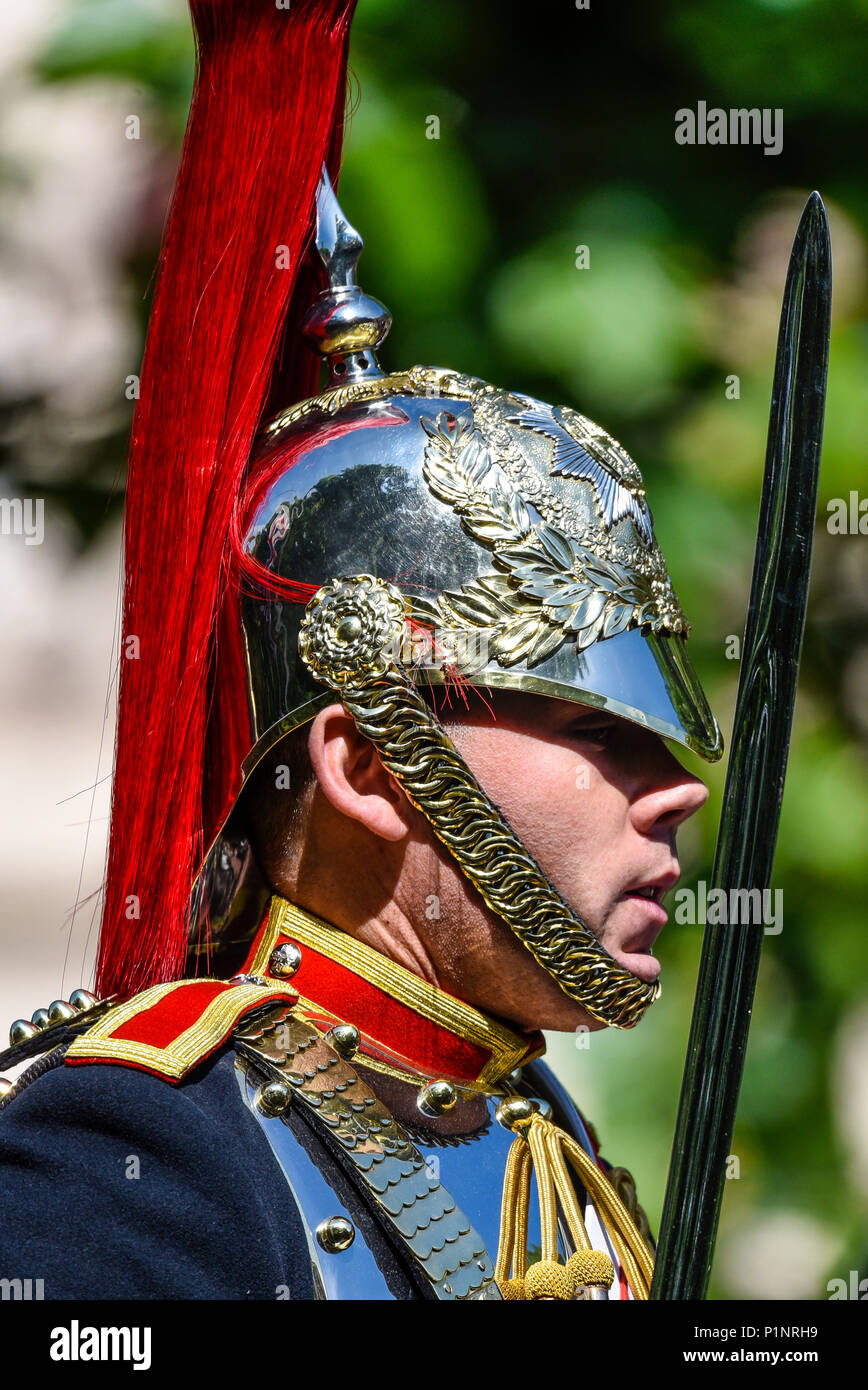 Trooping the Colour 2018. Blues and Royals mounted soldier, detail of