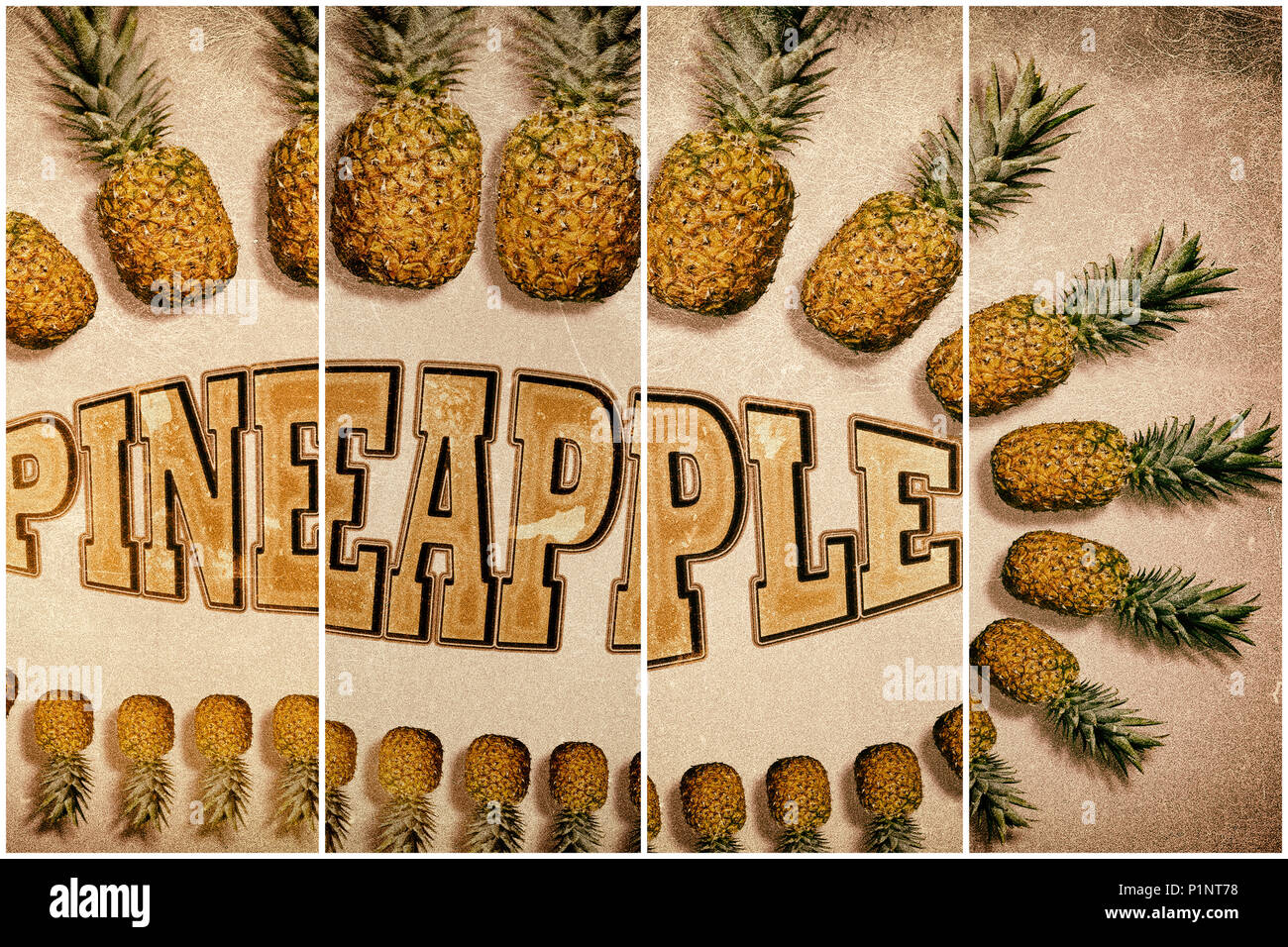 Pineapple photomontage with whole pineapples and drop shadow of varying size surrounding text 'Pineapple' on light pink background. Filter effects. Do Stock Photo