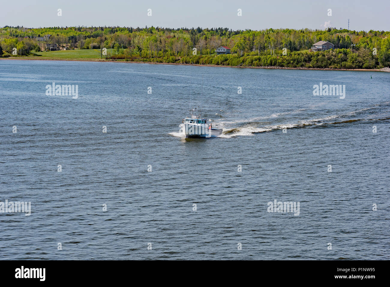 Lobster boat coming out of Caribou, Nova Scotia, Canada. Photo taken from the Woods Island, P.E.I. to Caribou, N.S. Ferry. Stock Photo