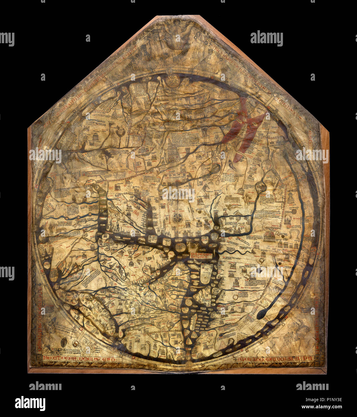 Mappa Mundi in Hereford Cathedral, Hereford, England, UK. The map dates from c.1300 and is the largest medieval map known to exist. Stock Photo