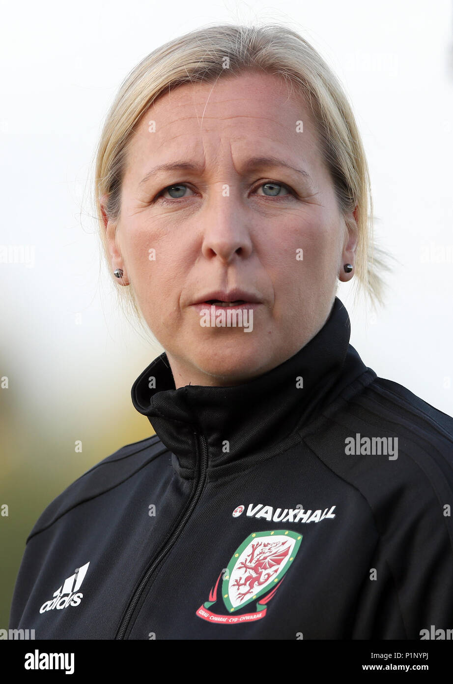 Wales Women manager Jayne Ludlow during the FIFA Women's World Cup Qualifying Group One match at Newport Stadium, Newport. Stock Photo