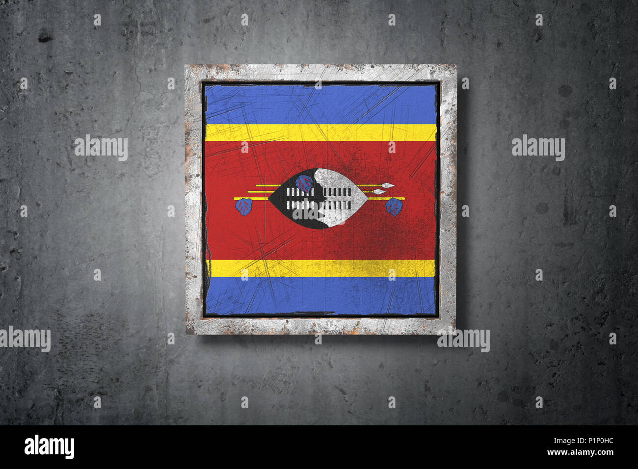 3d rendering of an old Kingdom of Swaziland flag in a concrete wall ...