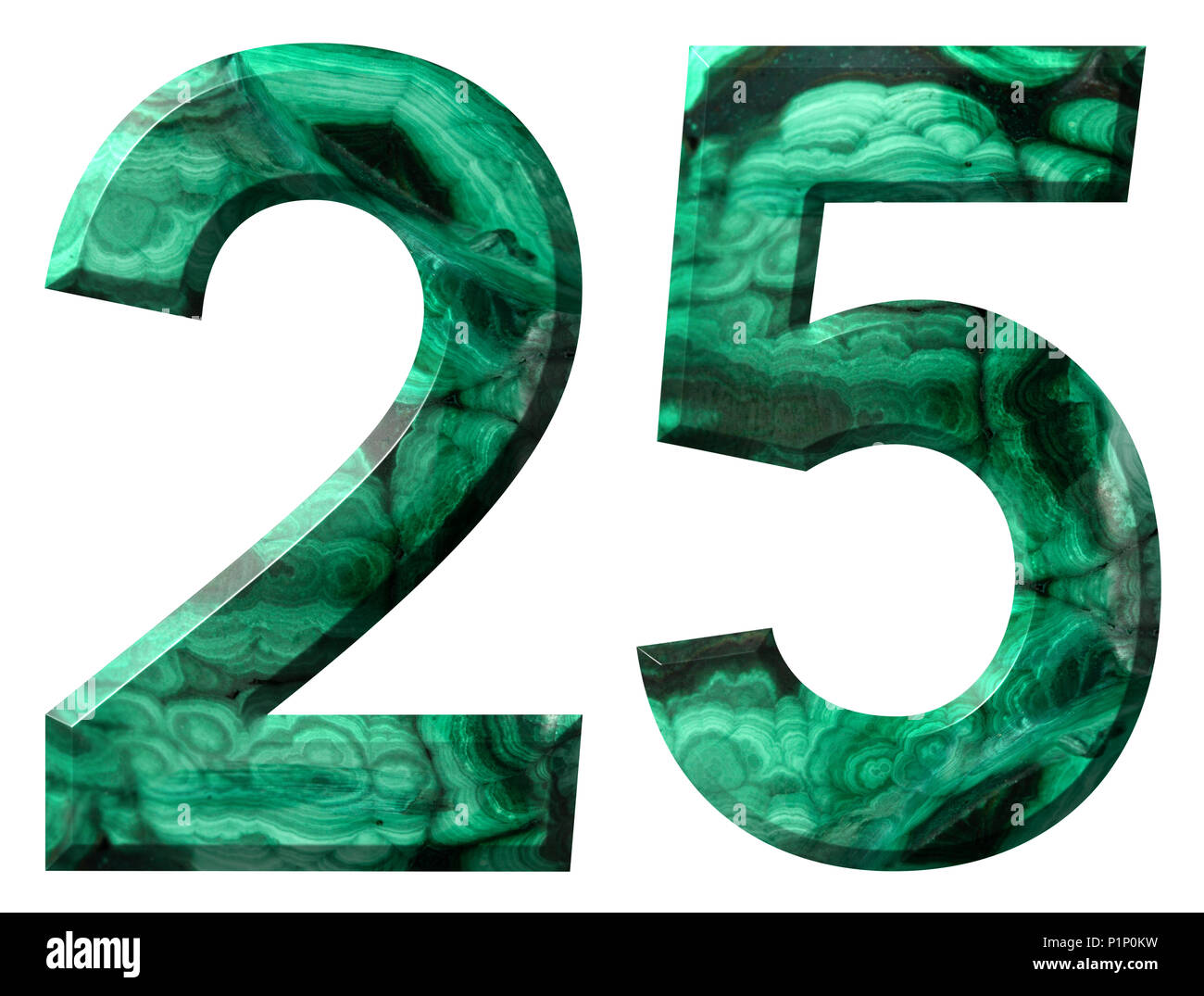 Arabic numeral 25, twenty five, from natural green malachite, isolated ...