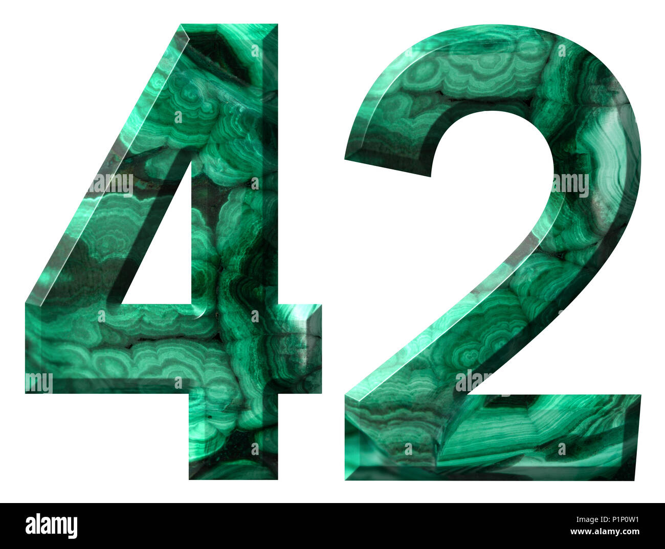 Arabic numeral 42, forty two, from natural green malachite, isolated on ...
