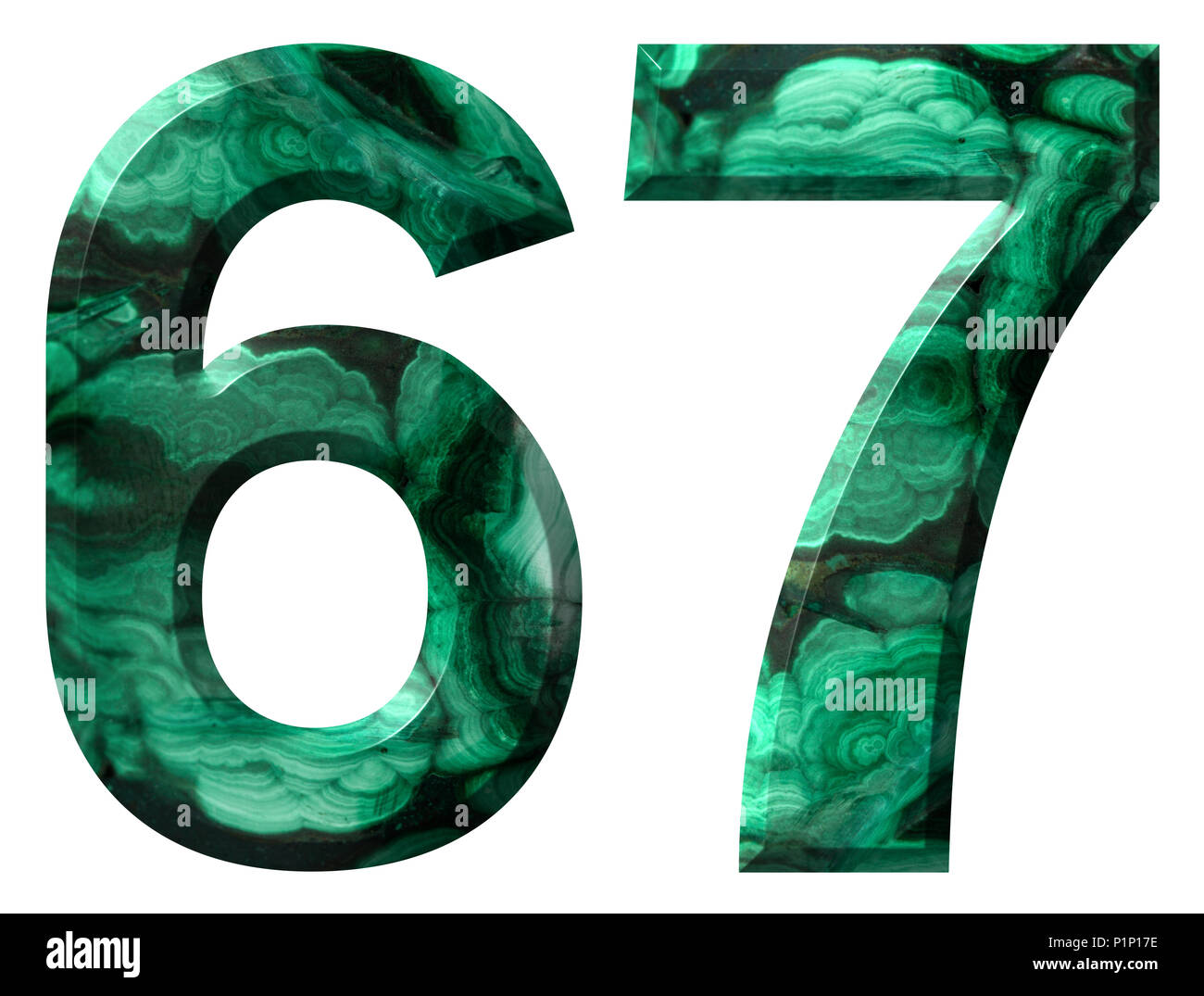 Arabic numeral 67, sixty seven, from natural green malachite, isolated ...
