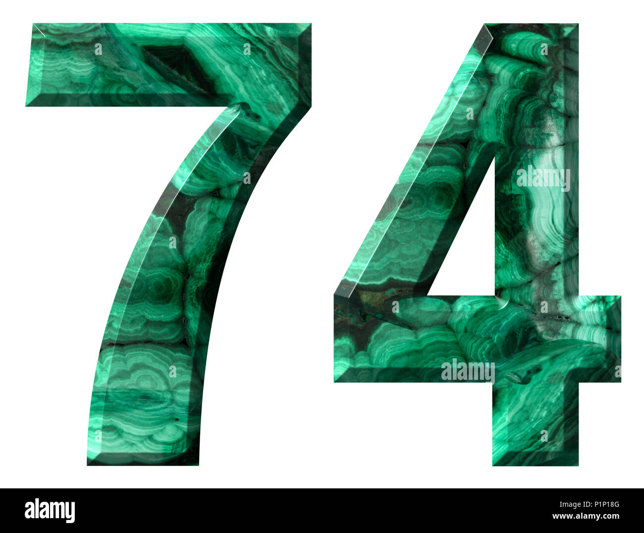 Arabic numeral 74, seventy four, from natural green malachite, isolated ...