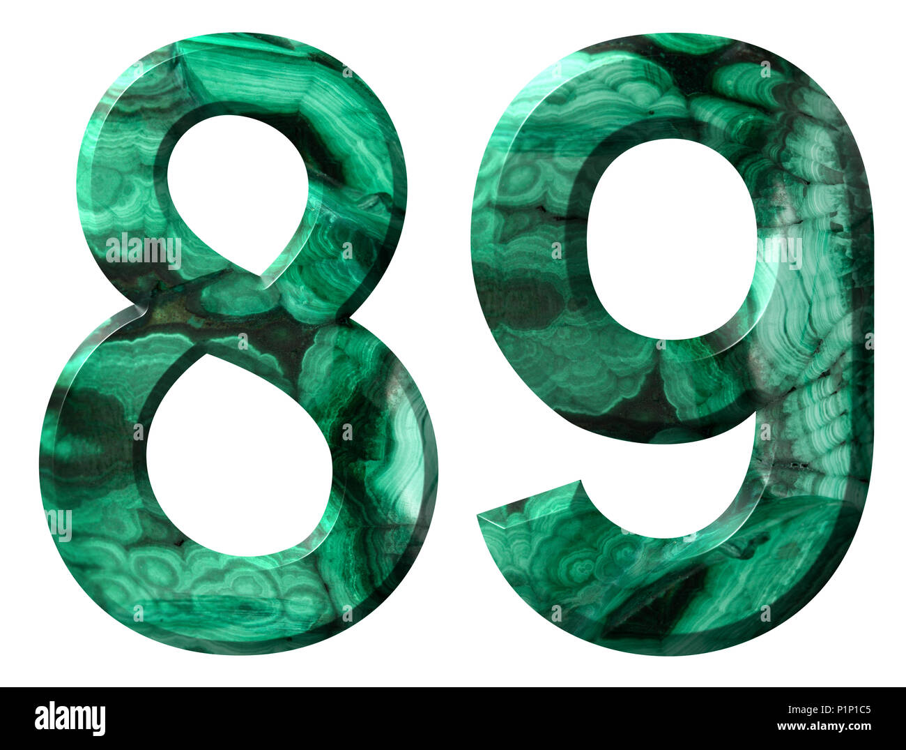Arabic numeral 89, eighty nine, from natural green malachite, isolated ...