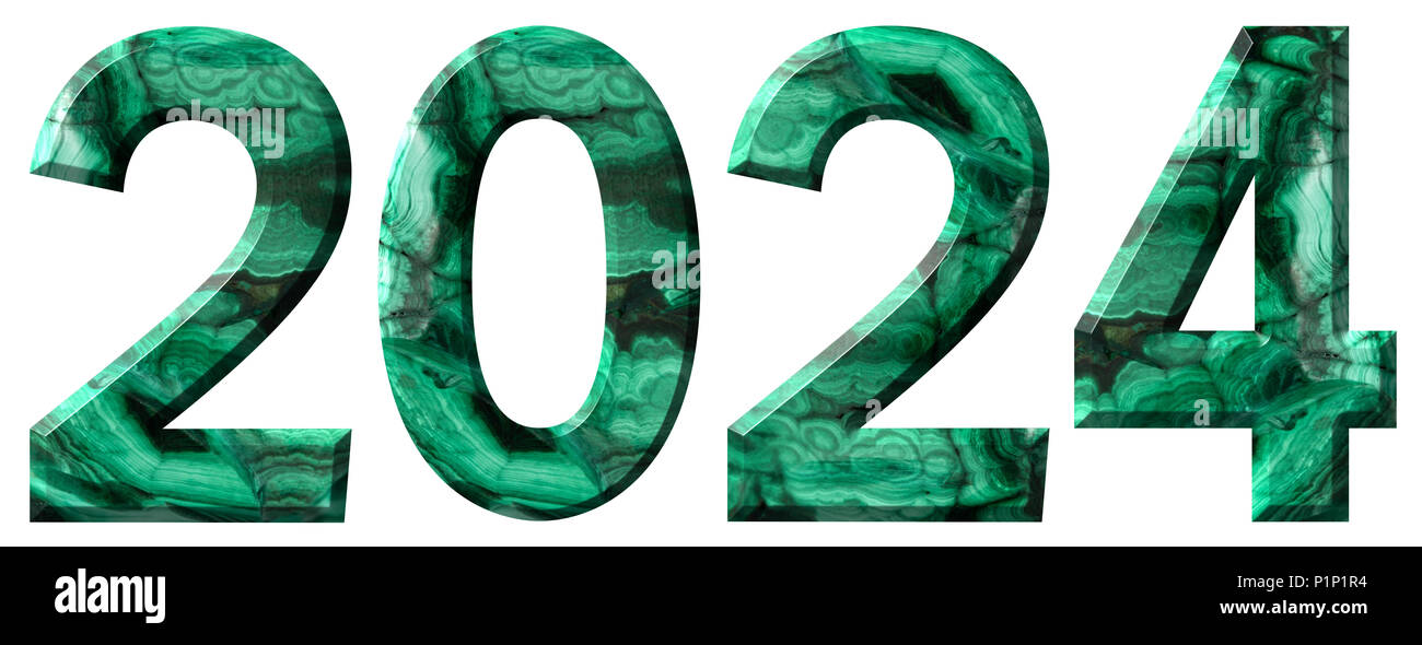 Numeral 2024 from natural green malachite, isolated on white background
