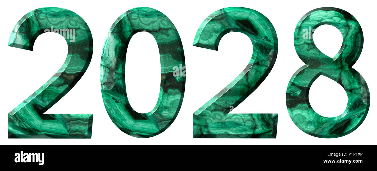 Numeral 2028 from natural green malachite, isolated on white background Stock Photo