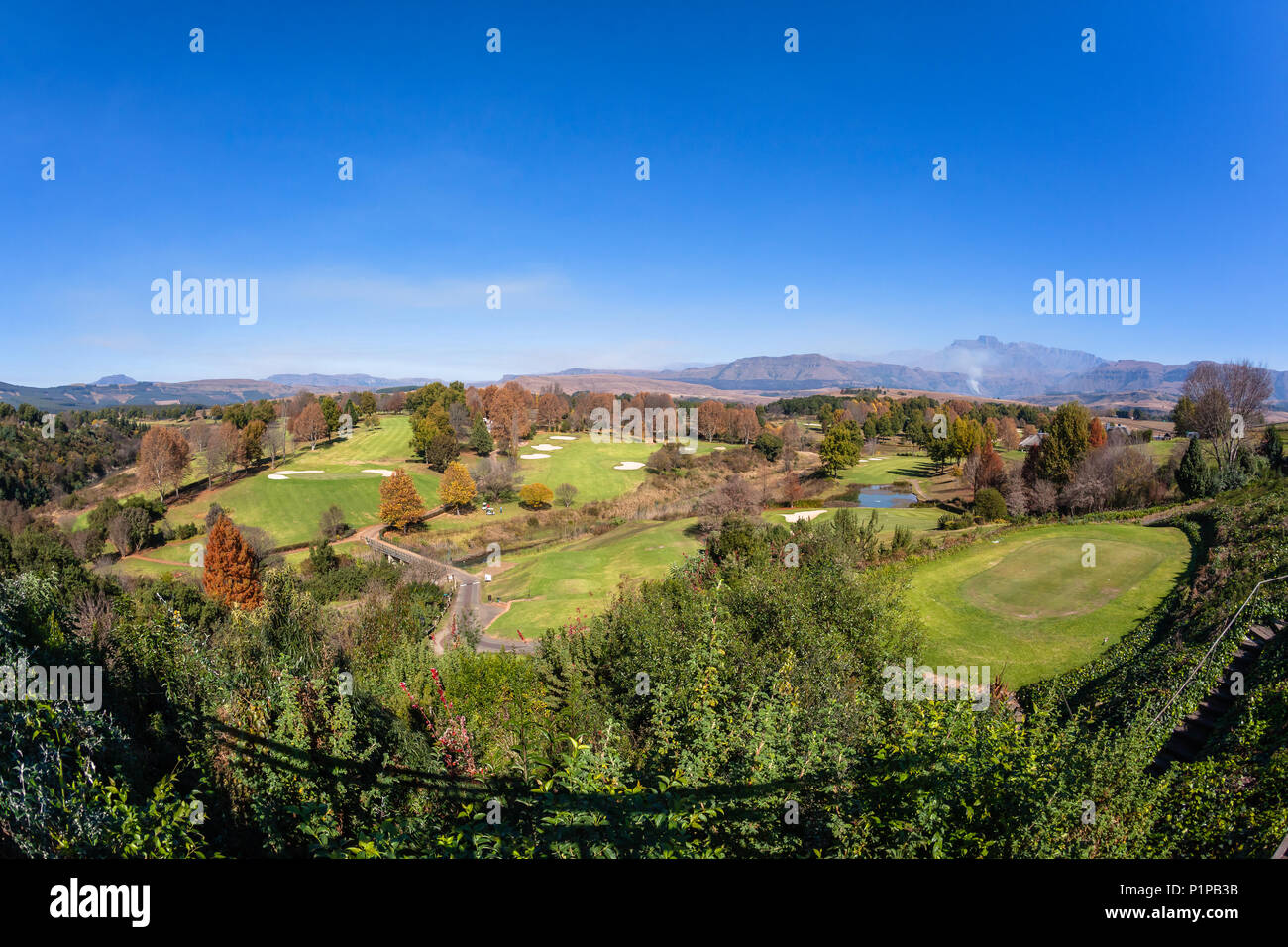 Champagne sports golf course landscape overlooking valley in autumn