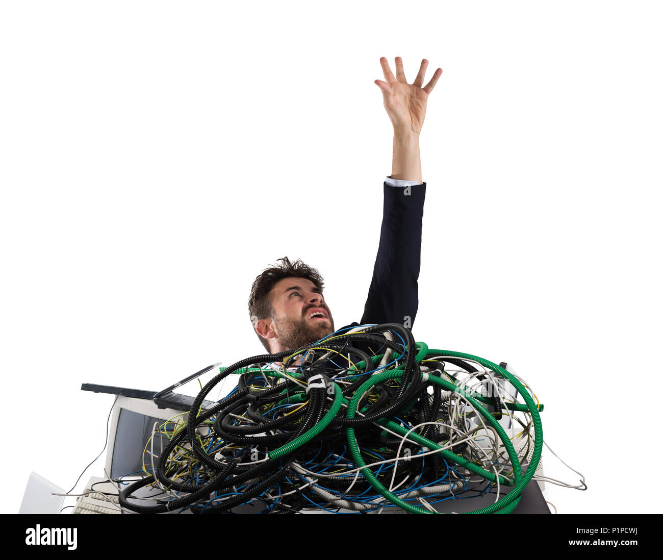 Businessman trapped by cables. concept of stress and overwork Stock Photo