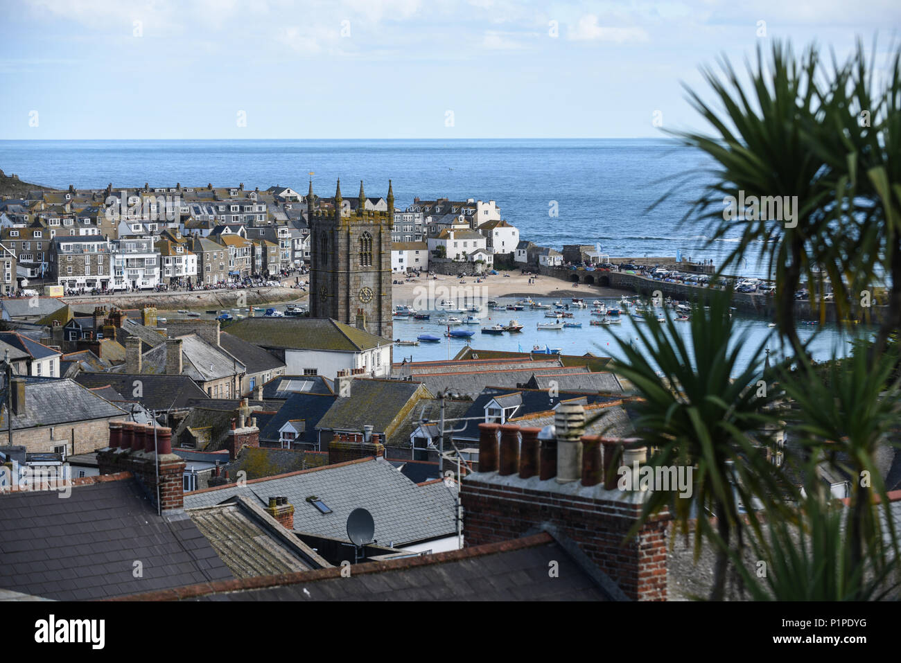 Port Isaac, Great Britain, view over the houses to the harbor Stock Photo