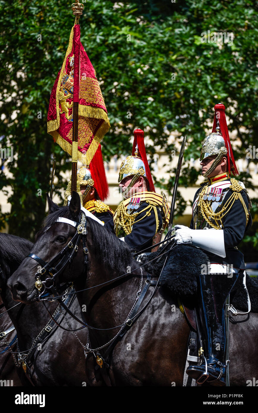Trooping the Colour 2018. Blues and Royals with standard. Mounted soldiers of Household Cavalry in The Mall, London, UK Stock Photo