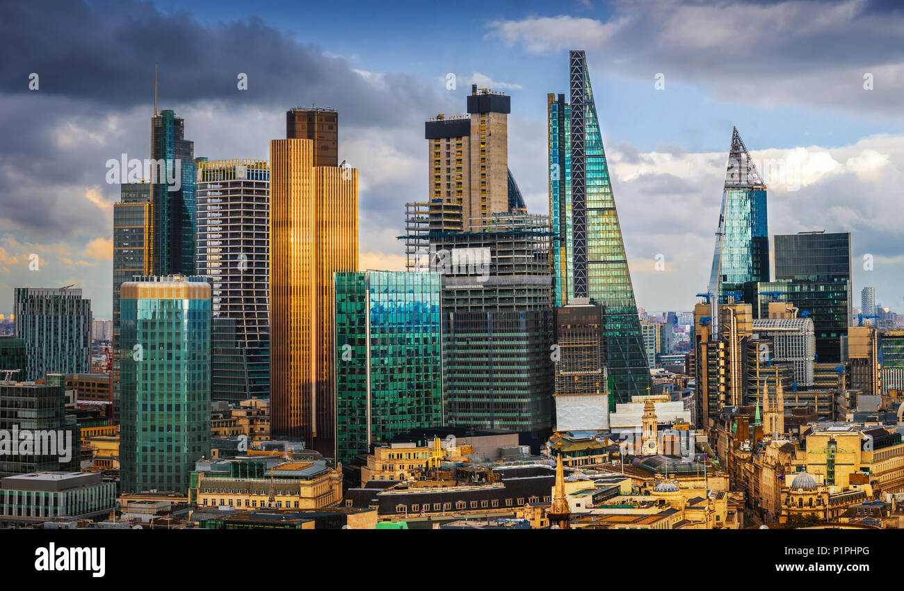 London, England - Panoramic skyline view of Bank and Canary Wharf, central London's leading financial districts with famous skyscrapers and other land Stock Photo