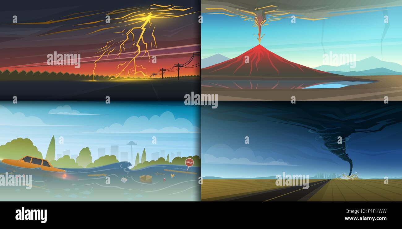 Set of natural disaster or cataclysms. Catastrophe and crisis Background. Realistic Tornado or storm, Lightning Strike, Rain Thunderstorm, Volcano eruption, Flood and Earthquake, Tsunami and Big wave. Stock Vector