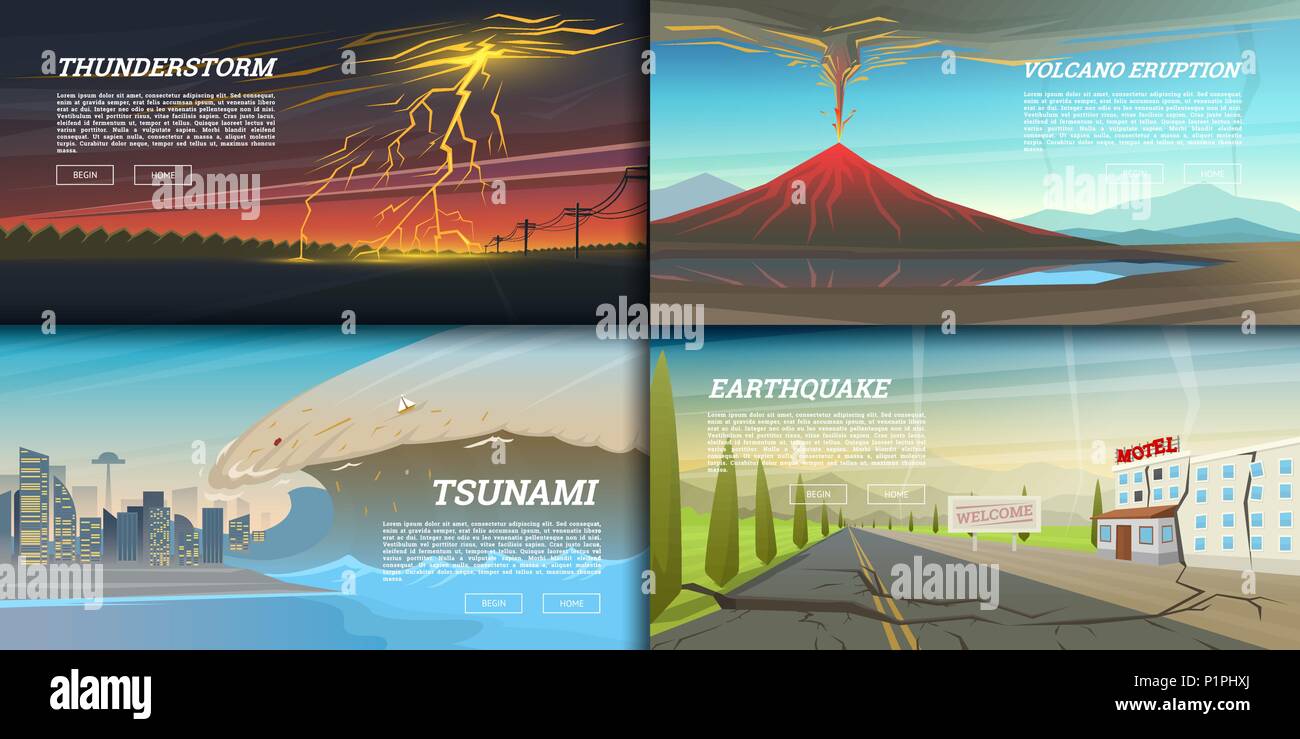Set of natural disaster or cataclysms. Catastrophe and crisis Background. Realistic Tornado or storm, Lightning Strike, Rain Thunderstorm, Volcano eruption, Flood and Earthquake, Tsunami and Big wave. Stock Vector