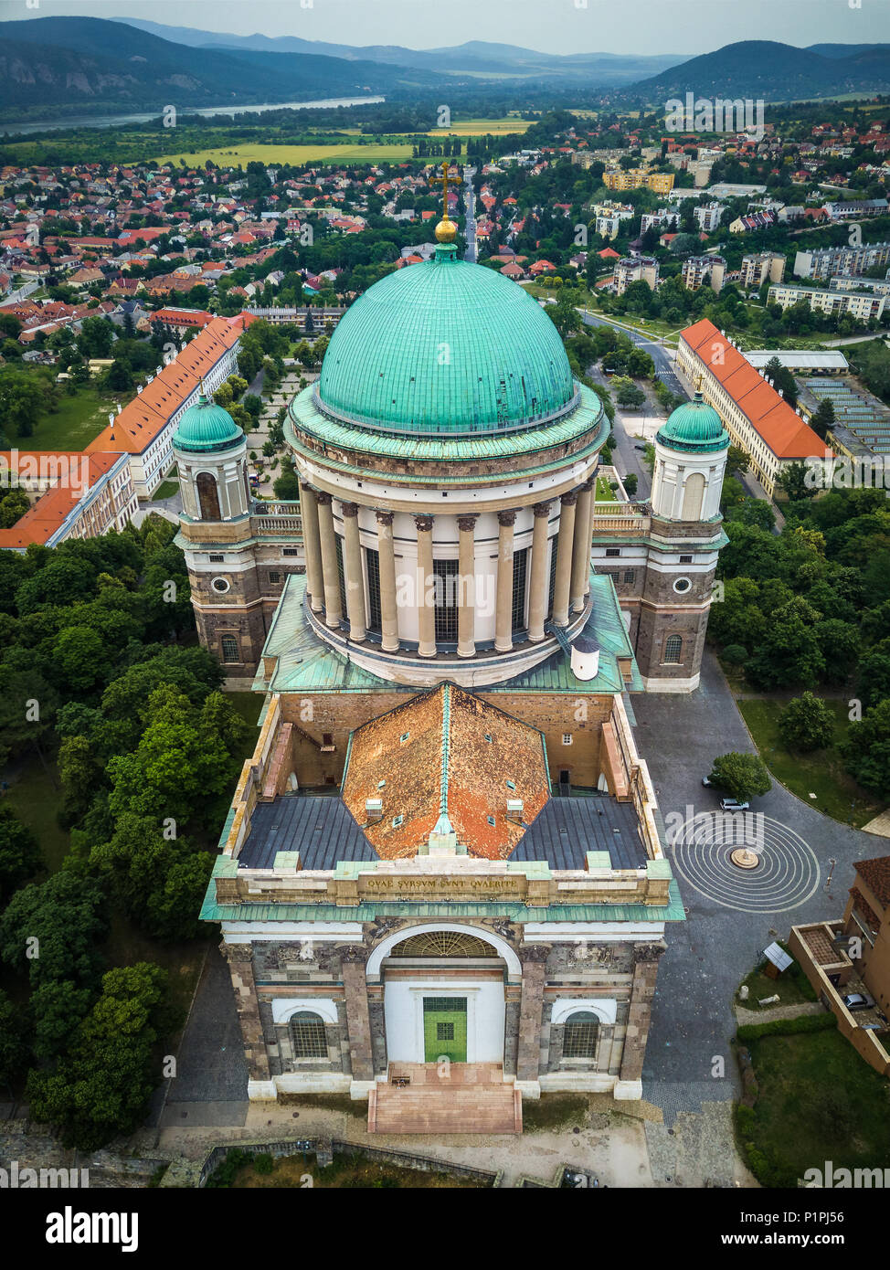 Esztergom, Hungary - Aerial view of the Primatial Basilica of the Blessed Virgin Mary Assumed Into Heaven and St Adalbert, the tallest building in Hun Stock Photo