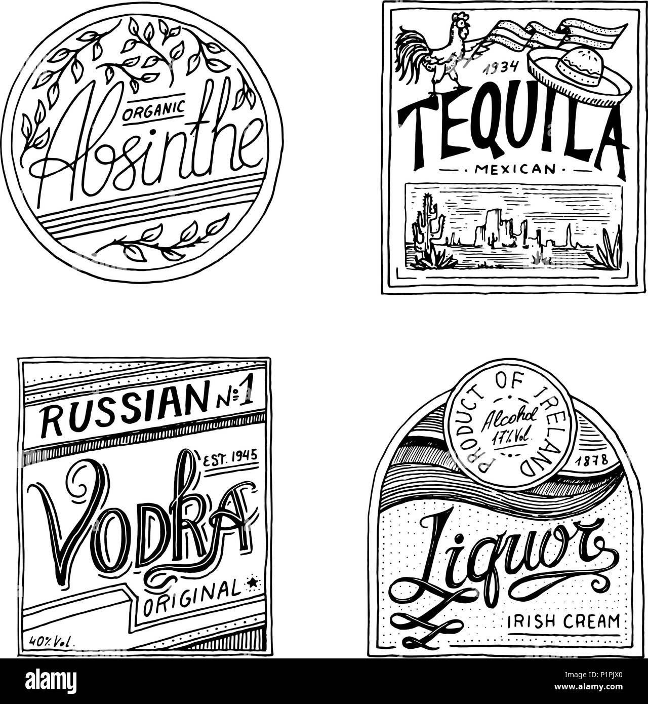 Vintage American absinthe tequila vodka liqueur badge. Alcohol Label with calligraphic elements. Classic frame for poster banner. Strong drink. Hand drawn engraved sketch lettering for t-shirt. Stock Vector