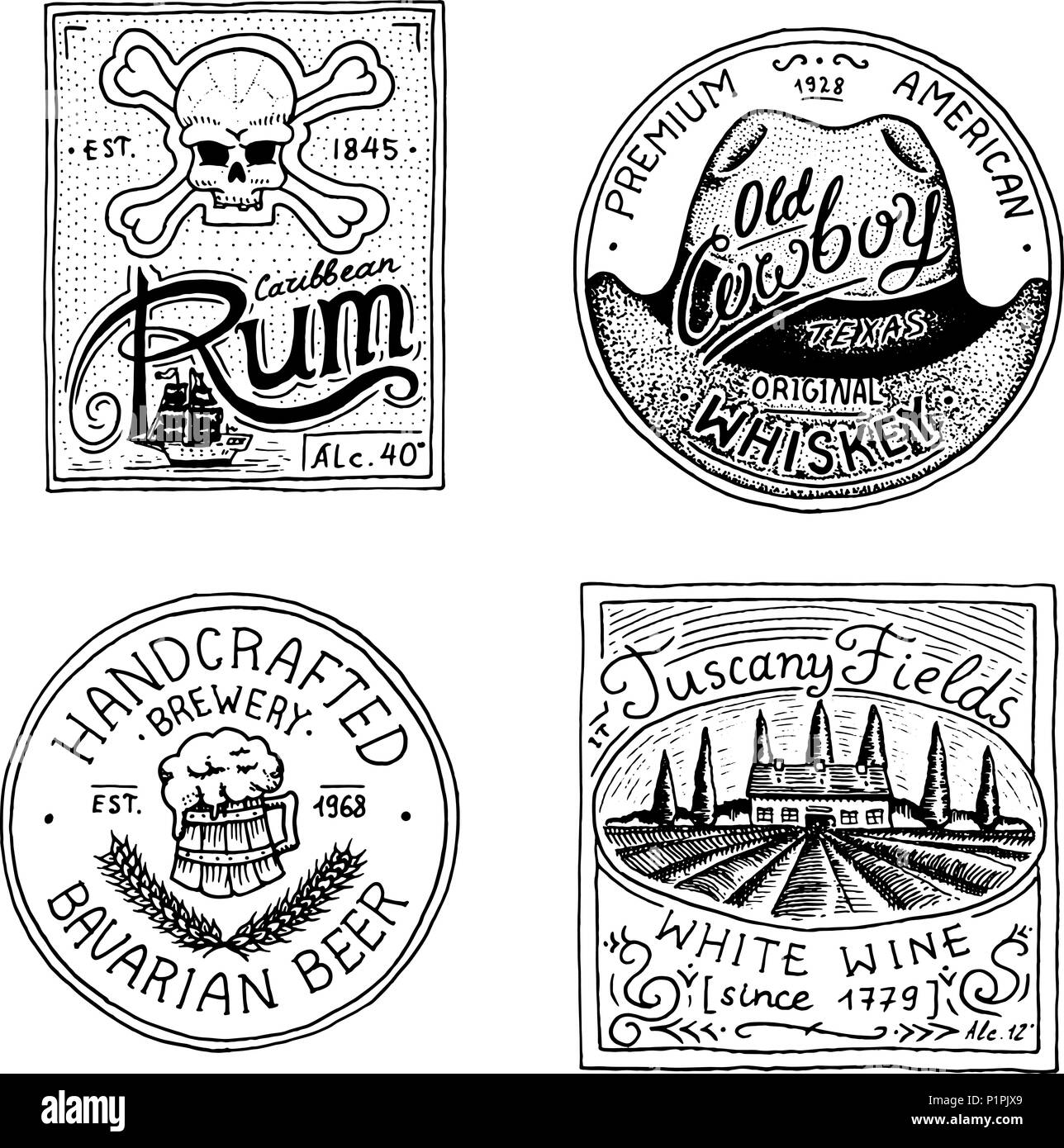 Vintage American rum wine whiskey beer badge. Alcohol Label with calligraphic elements. Classic frame for poster banner. Strong drink. Hand drawn engraved sketch lettering for t-shirt. Stock Vector